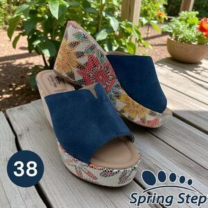 Spring Step Women's Laylani Suede Leather Floral Wedge Slide Sandals Blue Sz 38